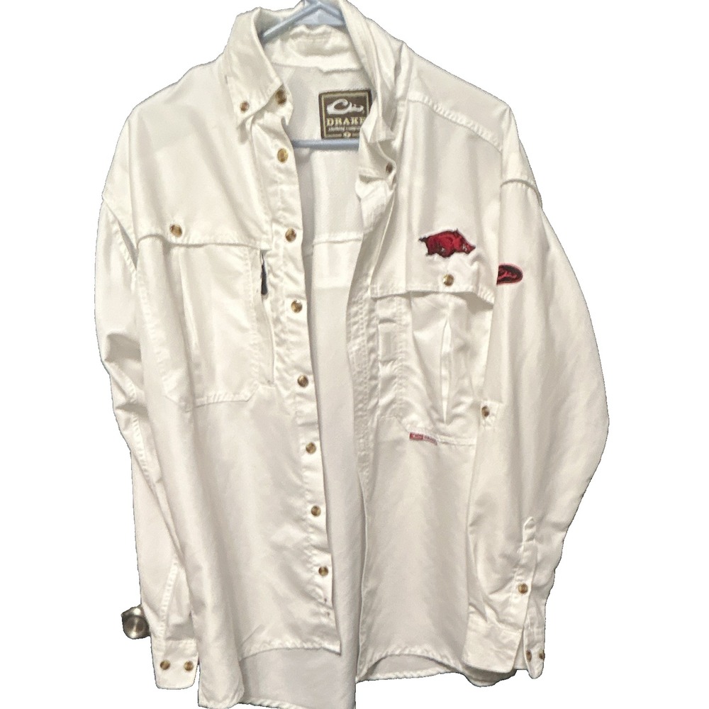 Drake Men's Razorback White Solid Woven Button-Up Shirt, Long Sleeve, S